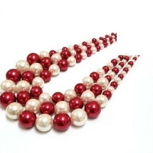 Red and White 3 Layer Graduating Pearl Necklace